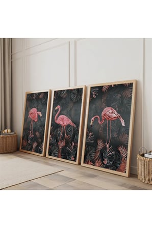 Ahşap Çerçeveli Flamingo Üçlü Ahşap Tablo Seti