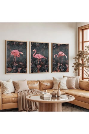Ahşap Çerçeveli Flamingo Üçlü Ahşap Tablo Seti