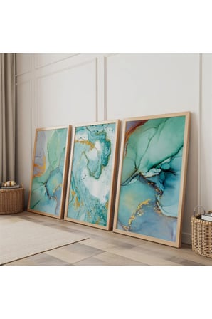 Ahşap Çerçeveli Akışkan Sanat Üçlü Ahşap Tablo Seti