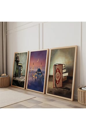 Ahşap Çerçeveli Cami Ve Kuran Üçlü Ahşap Tablo Seti