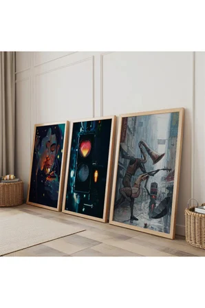 Ahşap Çerçeveli Romantik Anlar Üçlü Ahşap Tablo Seti