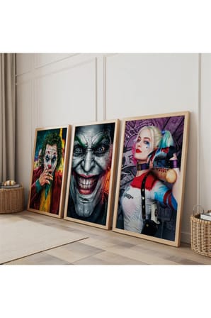 Ahşap Çerçeveli Jokerler Ve Harley Quinn Üçlü Ahşap Tablo Seti
