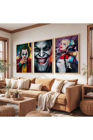 Ahşap Çerçeveli Jokerler Ve Harley Quinn Üçlü Ahşap Tablo Seti