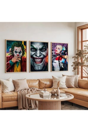 Ahşap Çerçeveli Jokerler Ve Harley Quinn Üçlü Ahşap Tablo Seti