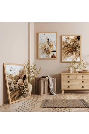 Ahşap Çerçeveli Kurutulmuş Çiçek Ve Botanik Sanat Üçlü Ahşap Tablo Seti