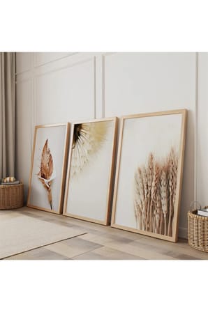 Ahşap Çerçeveli Minimalist Doğal Botanik Formlar Üçlü Ahşap Tablo Seti