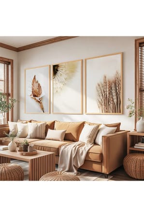 Ahşap Çerçeveli Minimalist Doğal Botanik Formlar Üçlü Ahşap Tablo Seti