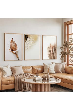 Ahşap Çerçeveli Minimalist Doğal Botanik Formlar Üçlü Ahşap Tablo Seti