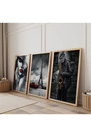 Ahşap Çerçeveli Eiffel Kulesi Üçlü Ahşap Tablo Seti