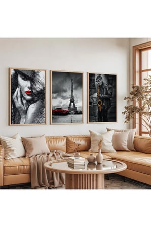 Ahşap Çerçeveli Eiffel Kulesi Üçlü Ahşap Tablo Seti