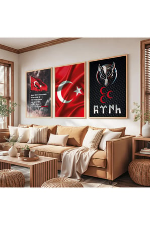 Ahşap Çerçeveli Türk ün Sembolü Üçlü Ahşap Tablo Seti