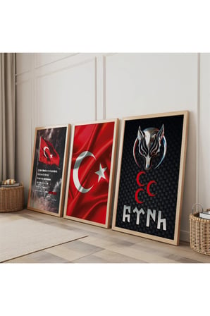 Ahşap Çerçeveli Türk ün Sembolü Üçlü Ahşap Tablo Seti