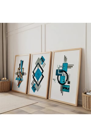 Ahşap Çerçeveli Geometrik Harmoni Üçlü Ahşap Tablo Seti