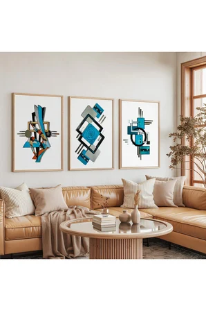 Ahşap Çerçeveli Geometrik Harmoni Üçlü Ahşap Tablo Seti