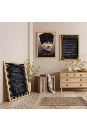 Ahşap Çerçeveli Atatürk İstiklal Marşı Ve Gençliğe Hitabe Üçlü Ahşap Tablo Seti