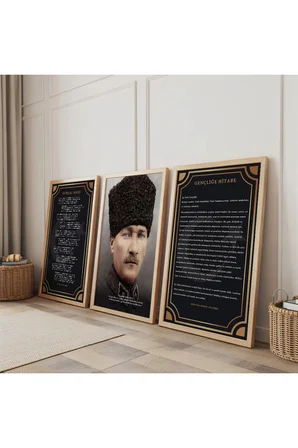 Ahşap Çerçeveli Atatürk İstiklal Marşı Ve Gençliğe Hitabe Üçlü Ahşap Tablo Seti