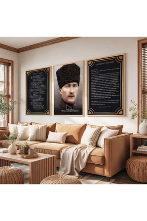 Ahşap Çerçeveli Atatürk İstiklal Marşı Ve Gençliğe Hitabe Üçlü Ahşap Tablo Seti