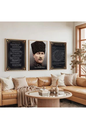 Ahşap Çerçeveli Atatürk İstiklal Marşı Ve Gençliğe Hitabe Üçlü Ahşap Tablo Seti
