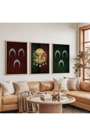 Ahşap Çerçeveli Üç Hilal Ve Osmanlı Tuğrası Üçlü Ahşap Tablo Seti