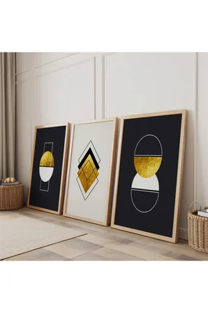 Ahşap Çerçeveli Geometrik Yansımalar Üçlü Ahşap Tablo Seti