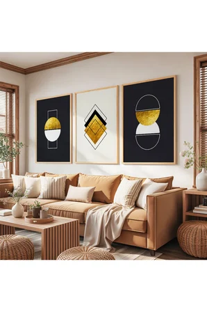 Ahşap Çerçeveli Geometrik Yansımalar Üçlü Ahşap Tablo Seti