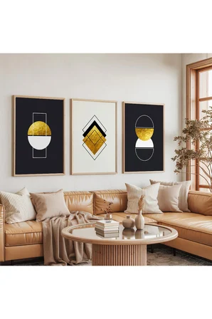 Ahşap Çerçeveli Geometrik Yansımalar Üçlü Ahşap Tablo Seti