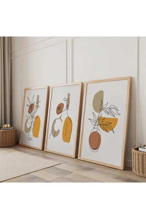 Ahşap Çerçeveli Minimalist Bitkiler Üçlü Ahşap Tablo Seti