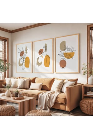 Ahşap Çerçeveli Minimalist Bitkiler Üçlü Ahşap Tablo Seti