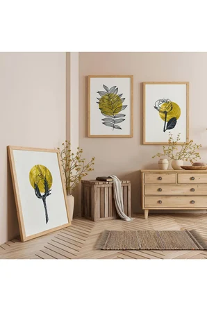 Ahşap Çerçeveli Minimalist Bitkiler Üçlü Ahşap Tablo Seti
