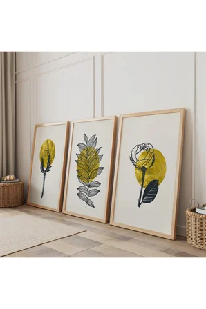 Ahşap Çerçeveli Minimalist Bitkiler Üçlü Ahşap Tablo Seti