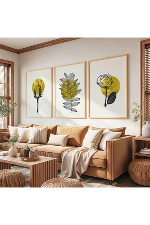 Ahşap Çerçeveli Minimalist Bitkiler Üçlü Ahşap Tablo Seti