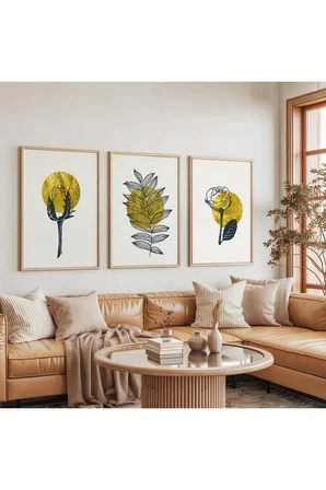 Ahşap Çerçeveli Minimalist Bitkiler Üçlü Ahşap Tablo Seti
