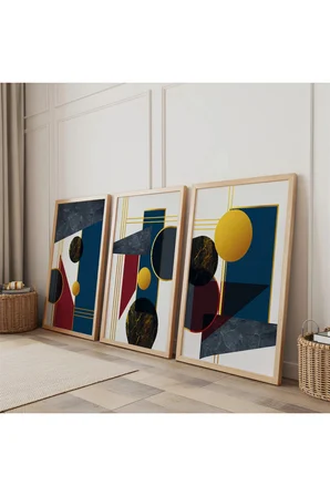 Ahşap Çerçeveli Geometrik Harmoni Üçlü Ahşap Tablo Seti