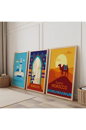 Ahşap Çerçeveli Morocco Rüyaları Üçlü Ahşap Tablo Seti