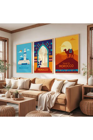 Ahşap Çerçeveli Morocco Rüyaları Üçlü Ahşap Tablo Seti