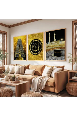Ahşap Çerçeveli Kabe Ve Allah Lafzı Üçlü Ahşap Tablo Seti