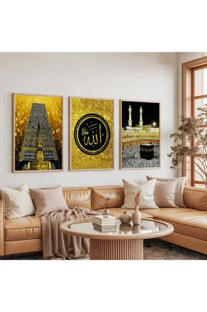 Ahşap Çerçeveli Kabe Ve Allah Lafzı Üçlü Ahşap Tablo Seti