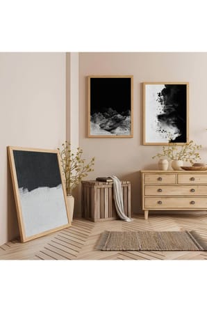 Ahşap Çerçeveli Siyah Beyaz Modern Üçlü Ahşap Tablo Seti