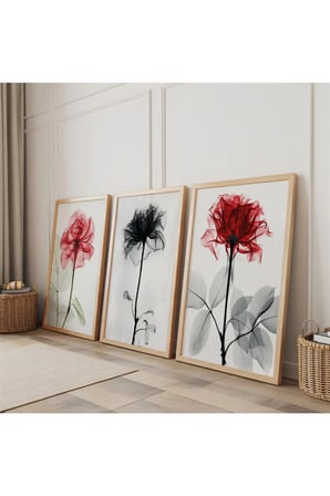 Ahşap Çerçeveli Renkli Gül Çizim Modern Üçlü Ahşap Tablo Seti