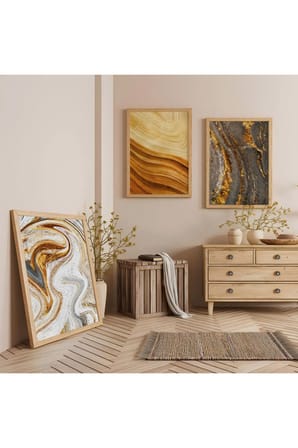 Ahşap Çerçeveli Sarı Renk Modern Üçlü Ahşap Tablo Seti