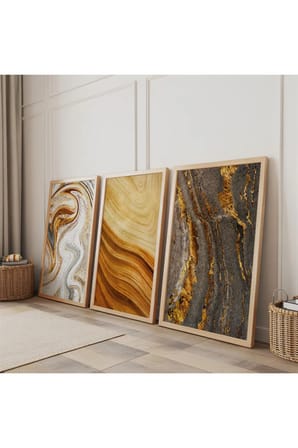 Ahşap Çerçeveli Sarı Renk Modern Üçlü Ahşap Tablo Seti