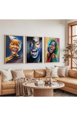Ahşap Çerçeveli Afrikalı Kadınlar Üçlü Ahşap Tablo Seti