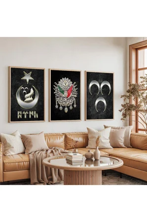 Ahşap Çerçeveli Osmanlı Tuğras Ve Türklük Üçlü Ahşap Tablo Seti