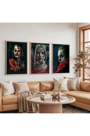 Ahşap Çerçeveli HarleyQuinn ve Jokerler Üçlü Ahşap Tablo Seti