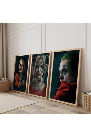 Ahşap Çerçeveli HarleyQuinn ve Jokerler Üçlü Ahşap Tablo Seti
