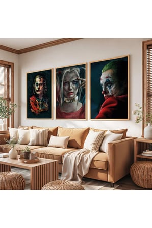 Ahşap Çerçeveli HarleyQuinn ve Jokerler Üçlü Ahşap Tablo Seti