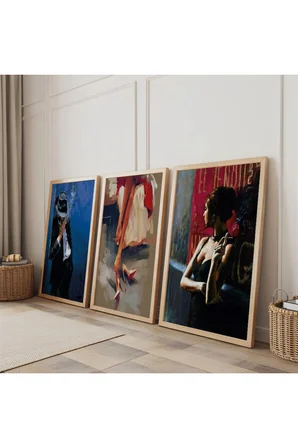 Ahşap Çerçeveli Moda Ve Melankoli Üçlü Ahşap Tablo Seti