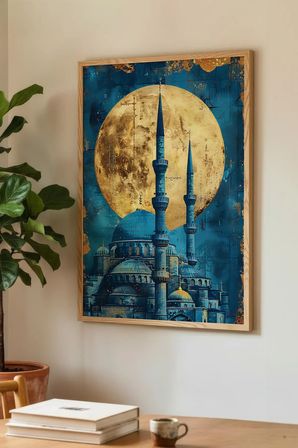 Altın Dolunay ve Mavi Cami Tasarımlı Tekli Ahşap Tablo - Doğal Ahşap Çerçeveli Ev ve İş Yeri Tablosu