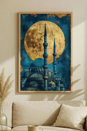 Altın Dolunay ve Mavi Cami Tasarımlı Tekli Ahşap Tablo - Doğal Ahşap Çerçeveli Ev ve İş Yeri Tablosu