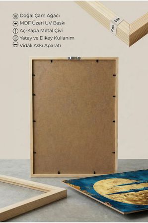 Altın Dolunay ve Mavi Cami Tasarımlı Tekli Ahşap Tablo - Doğal Ahşap Çerçeveli Ev ve İş Yeri Tablosu
